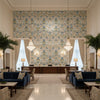 New Sevilla Linen Slate | Kravet - Hotel Lobby Visualization (AI-generated, may not be to scale. Verify pattern scale with product specifications.)
