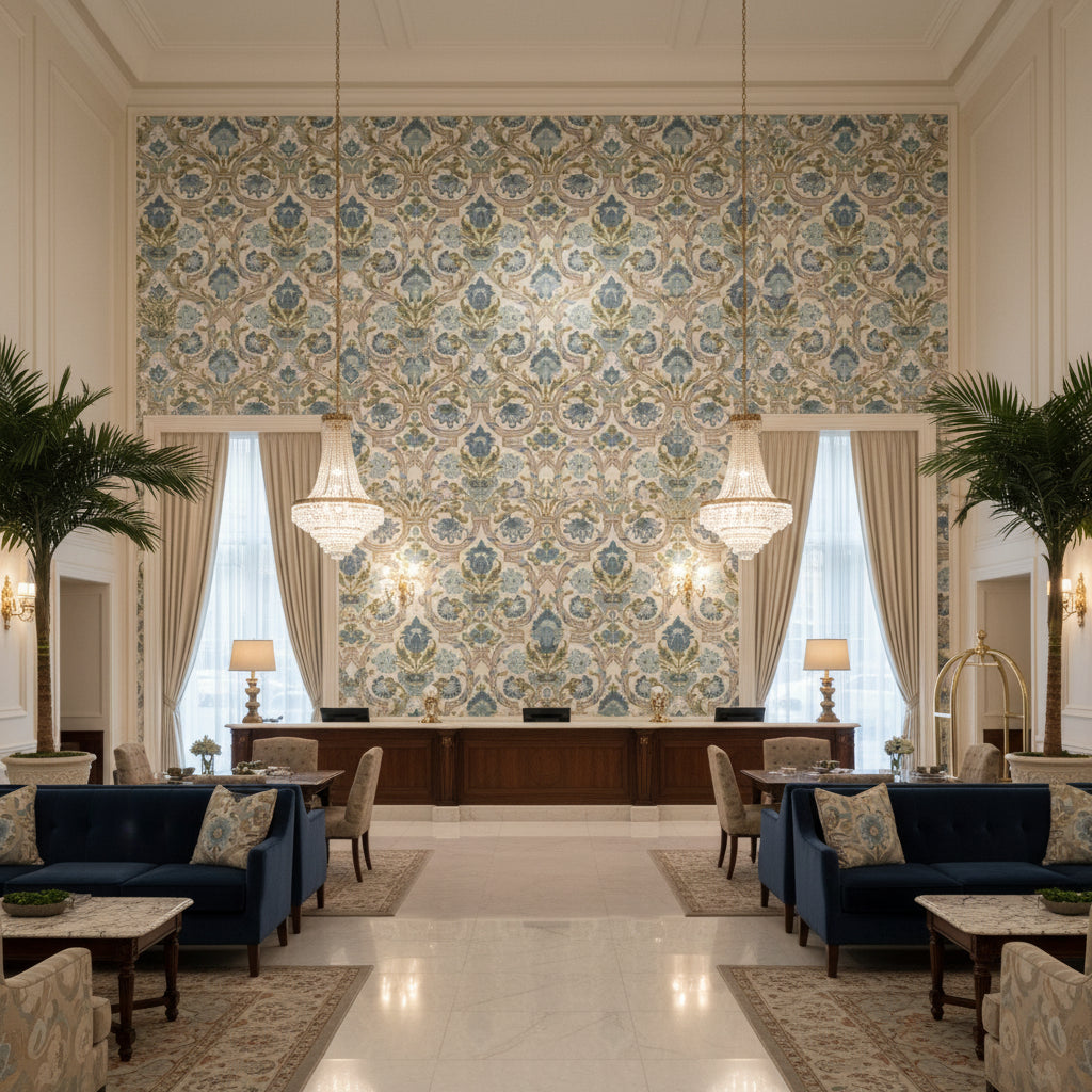 New Sevilla Linen Slate | Kravet - Hotel Lobby Visualization (AI-generated, may not be to scale. Verify pattern scale with product specifications.)