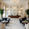 Floral Bouquet Aqua/Dune | Kravet - Hotel Lobby Visualization (AI-generated, may not be to scale. Verify pattern scale with product specifications.)