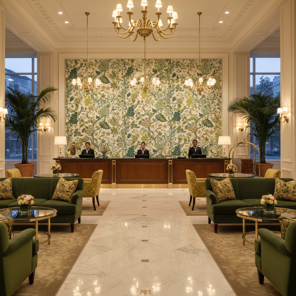 Hazelwood Print Green | Kravet - Hotel Lobby Visualization (AI-generated, may not be to scale. Verify pattern scale with product specifications.)