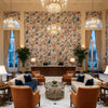 Hazelwood Print Indigo | Kravet - Hotel Lobby Visualization (AI-generated, may not be to scale. Verify pattern scale with product specifications.)