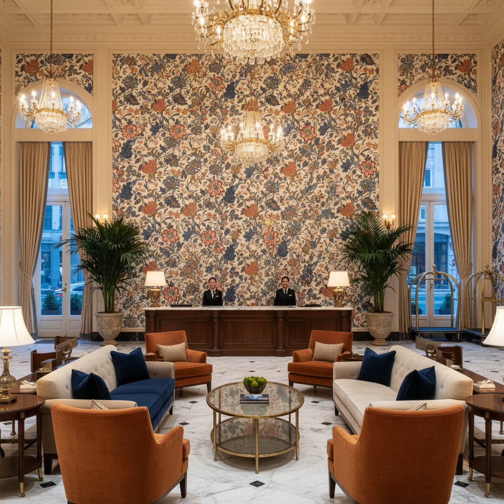 Hazelwood Print Indigo | Kravet - Hotel Lobby Visualization (AI-generated, may not be to scale. Verify pattern scale with product specifications.)