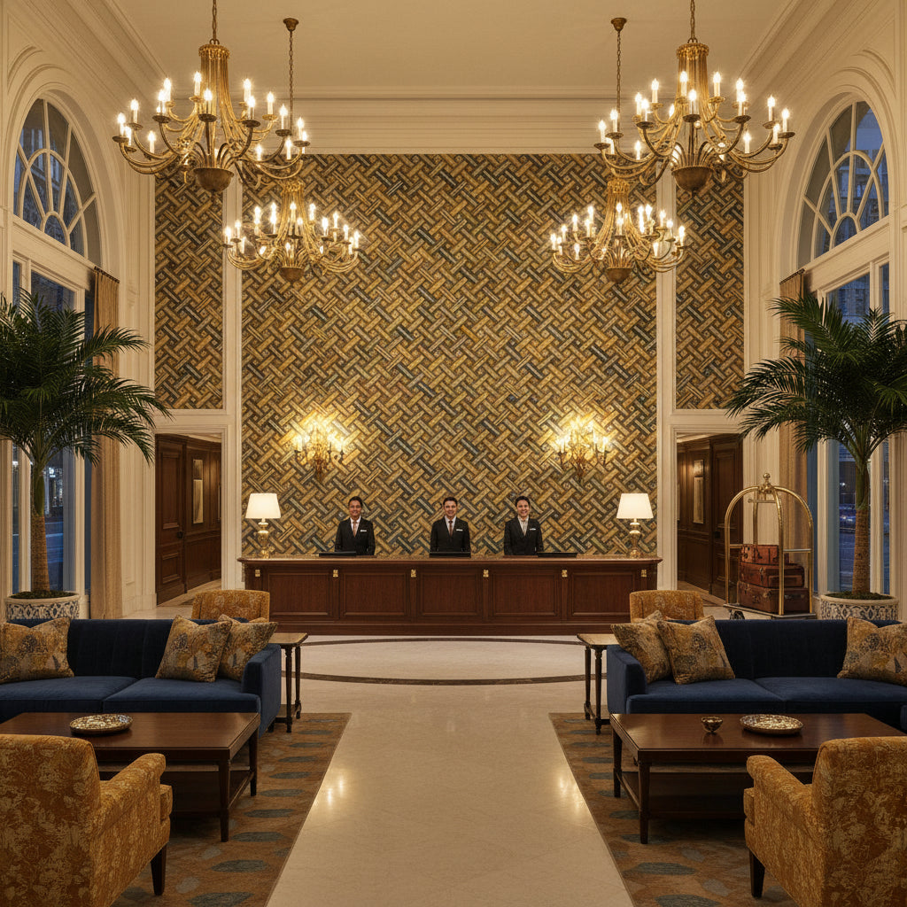 Strapwork Print Ivy/Blue | Kravet - Hotel Lobby Visualization (AI-generated, may not be to scale. Verify pattern scale with product specifications.)