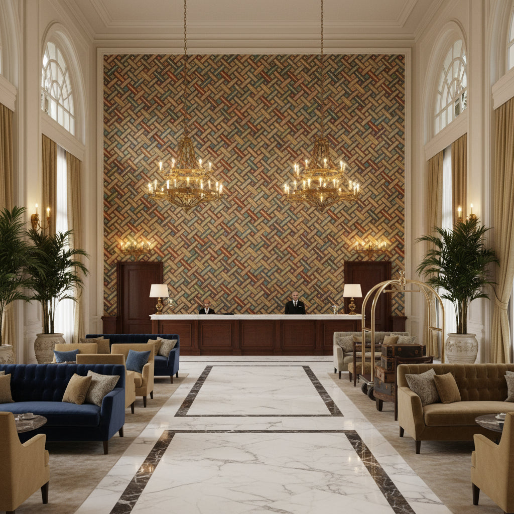 Strapwork Print Red/Moss | Kravet - Hotel Lobby Visualization (AI-generated, may not be to scale. Verify pattern scale with product specifications.)