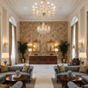 Chinese Brocade Sand | Kravet - Hotel Lobby Visualization (AI-generated, may not be to scale. Verify pattern scale with product specifications.)