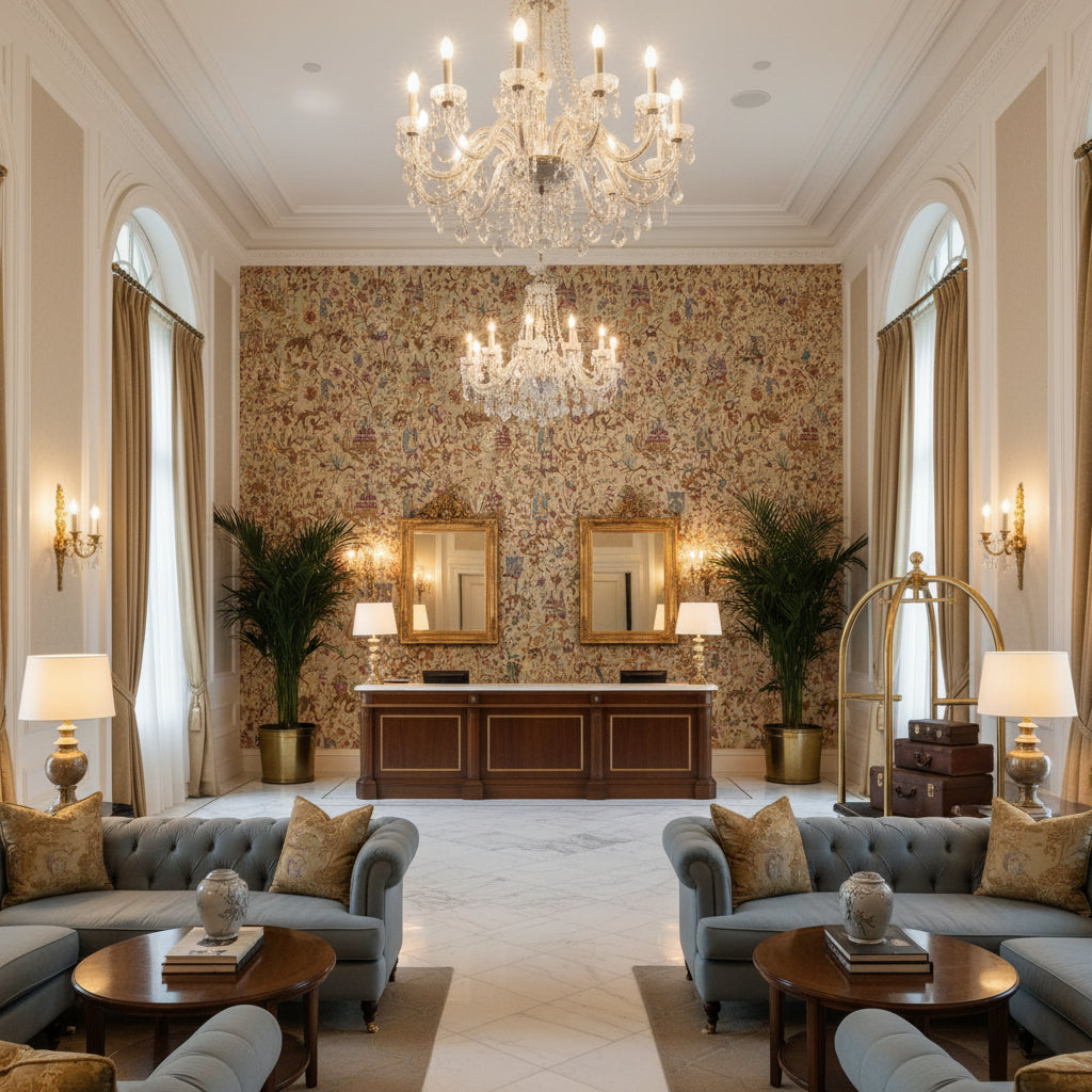 Chinese Brocade Sand | Kravet - Hotel Lobby Visualization (AI-generated, may not be to scale. Verify pattern scale with product specifications.)