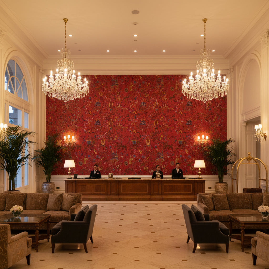Chinese Brocade Red | Kravet - Hotel Lobby Visualization (AI-generated, may not be to scale. Verify pattern scale with product specifications.)