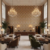 Flame Embroidery Fawn | Kravet - Hotel Lobby Visualization (AI-generated, may not be to scale. Verify pattern scale with product specifications.)