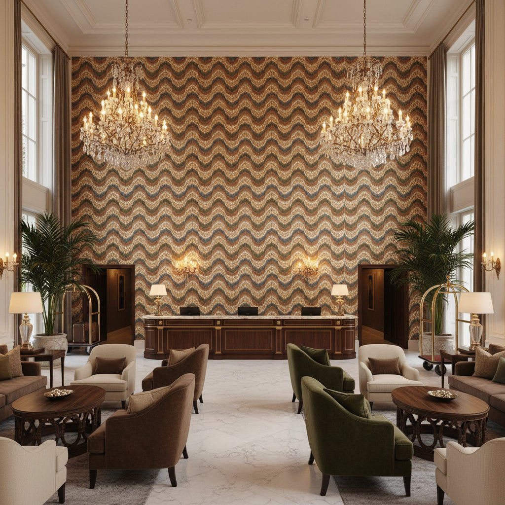 Flame Embroidery Fawn | Kravet - Hotel Lobby Visualization (AI-generated, may not be to scale. Verify pattern scale with product specifications.)