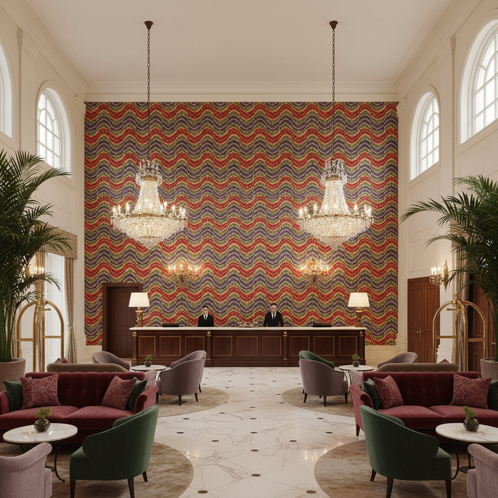 Flame Embroidery Multi | Kravet - Hotel Lobby Visualization (AI-generated, may not be to scale. Verify pattern scale with product specifications.)