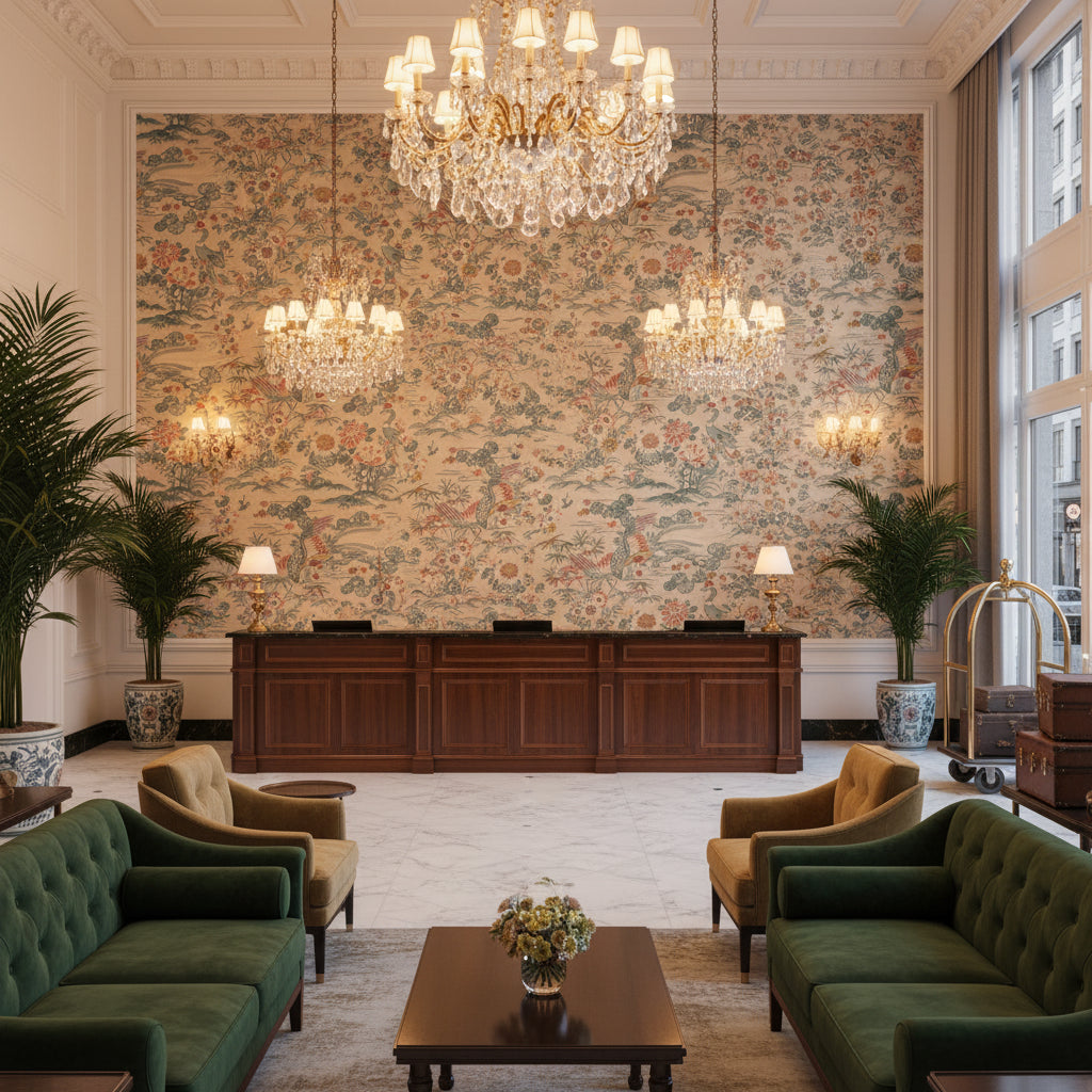 Sakura Print Shore | Kravet - Hotel Lobby Visualization (AI-generated, may not be to scale. Verify pattern scale with product specifications.)