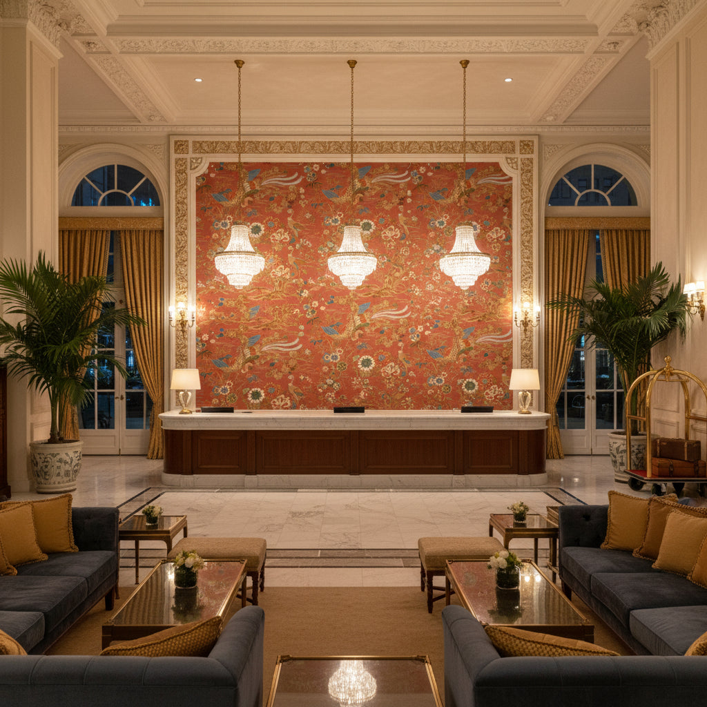Sakura Print Clay | Kravet - Hotel Lobby Visualization (AI-generated, may not be to scale. Verify pattern scale with product specifications.)