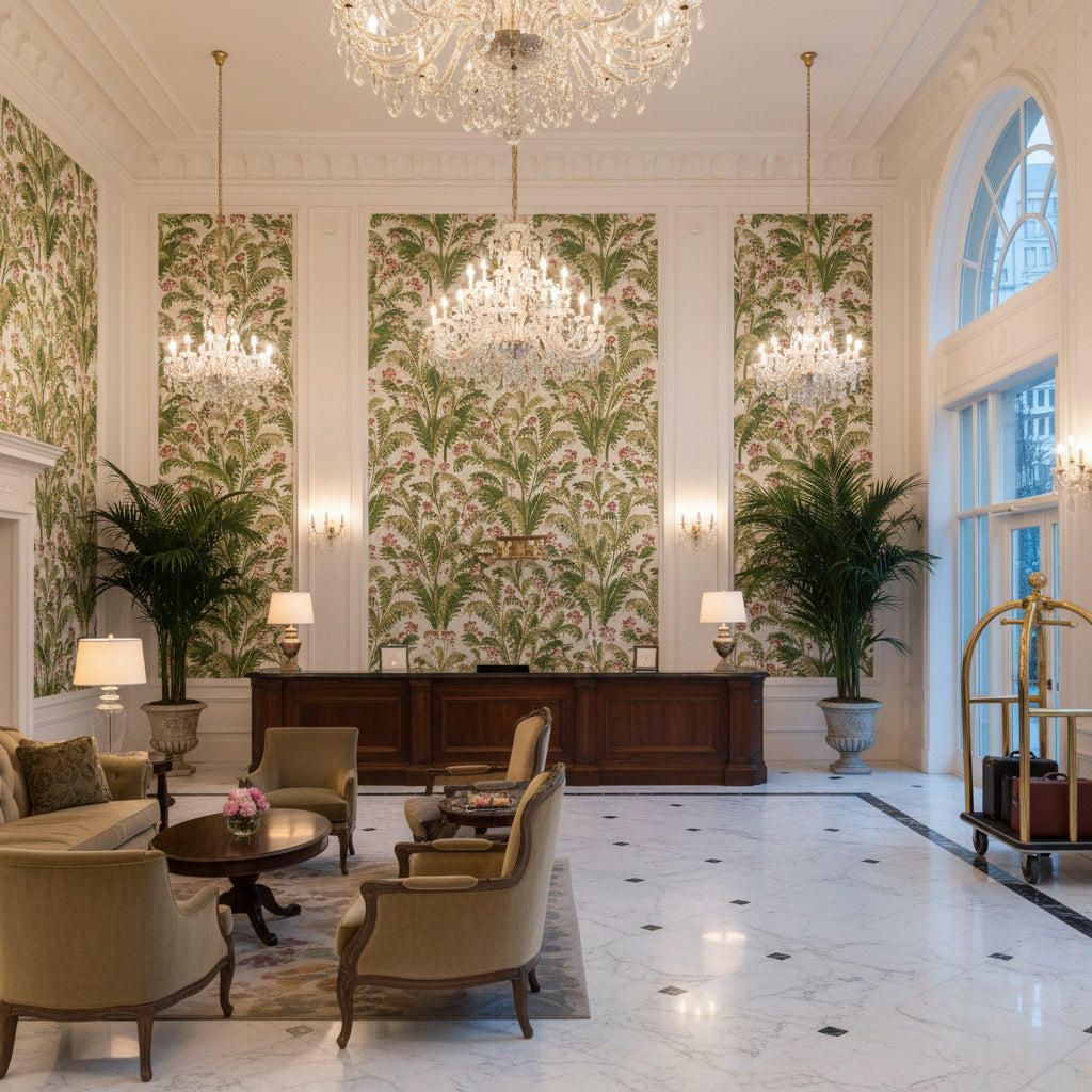 Pashley Print Berry | Kravet - Hotel Lobby Visualization (AI-generated, may not be to scale. Verify pattern scale with product specifications.)