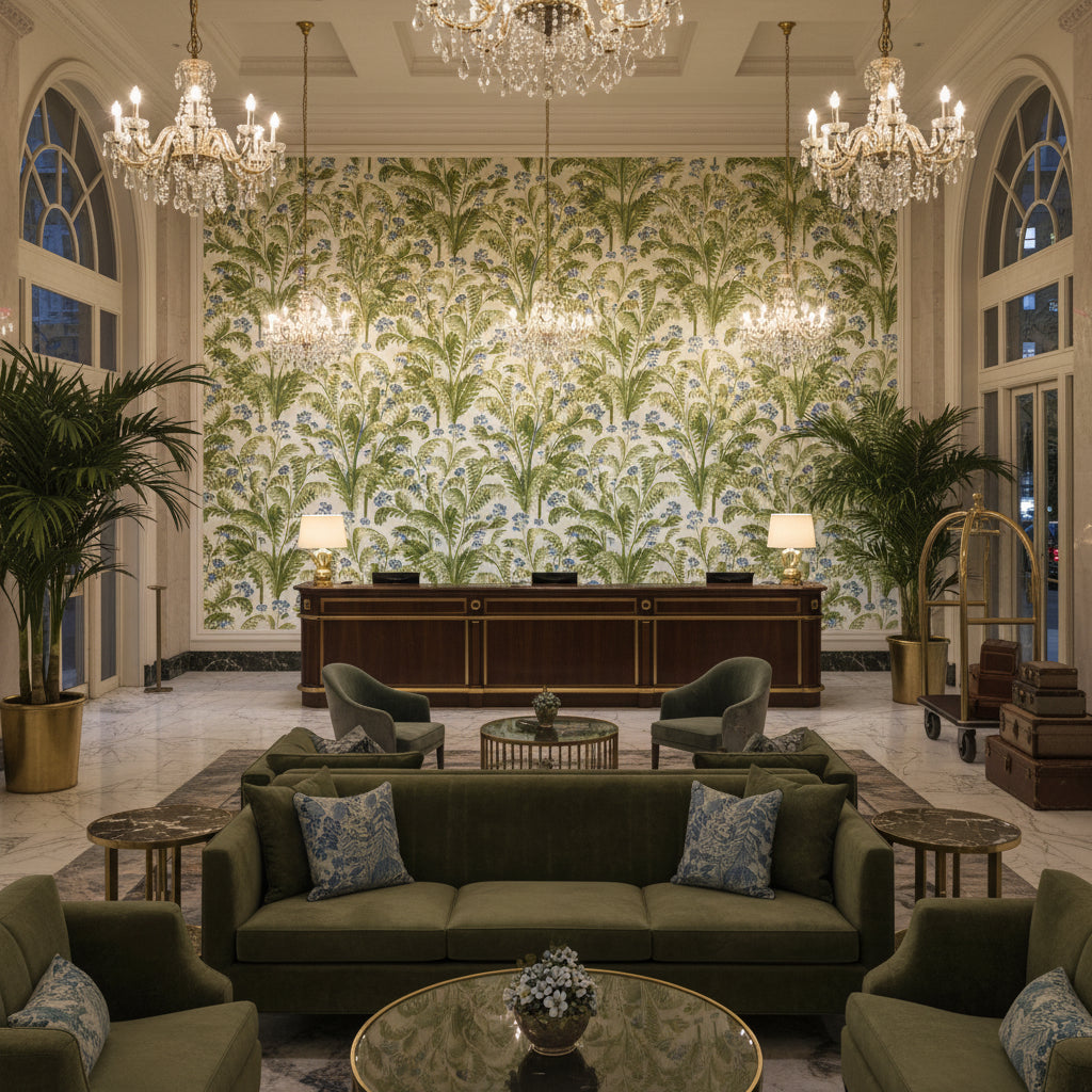 Pashley Print Denim | Kravet - Hotel Lobby Visualization (AI-generated, may not be to scale. Verify pattern scale with product specifications.)