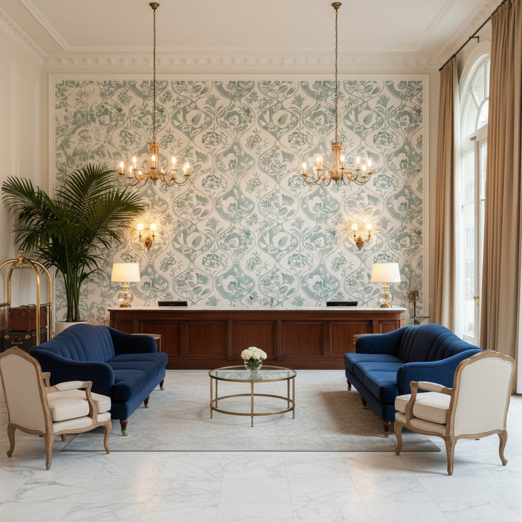 Calathea Print Aqua | Kravet - Hotel Lobby Visualization (AI-generated, may not be to scale. Verify pattern scale with product specifications.)