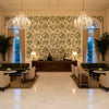 Calathea Print Leaf | Kravet - Hotel Lobby Visualization (AI-generated, may not be to scale. Verify pattern scale with product specifications.)