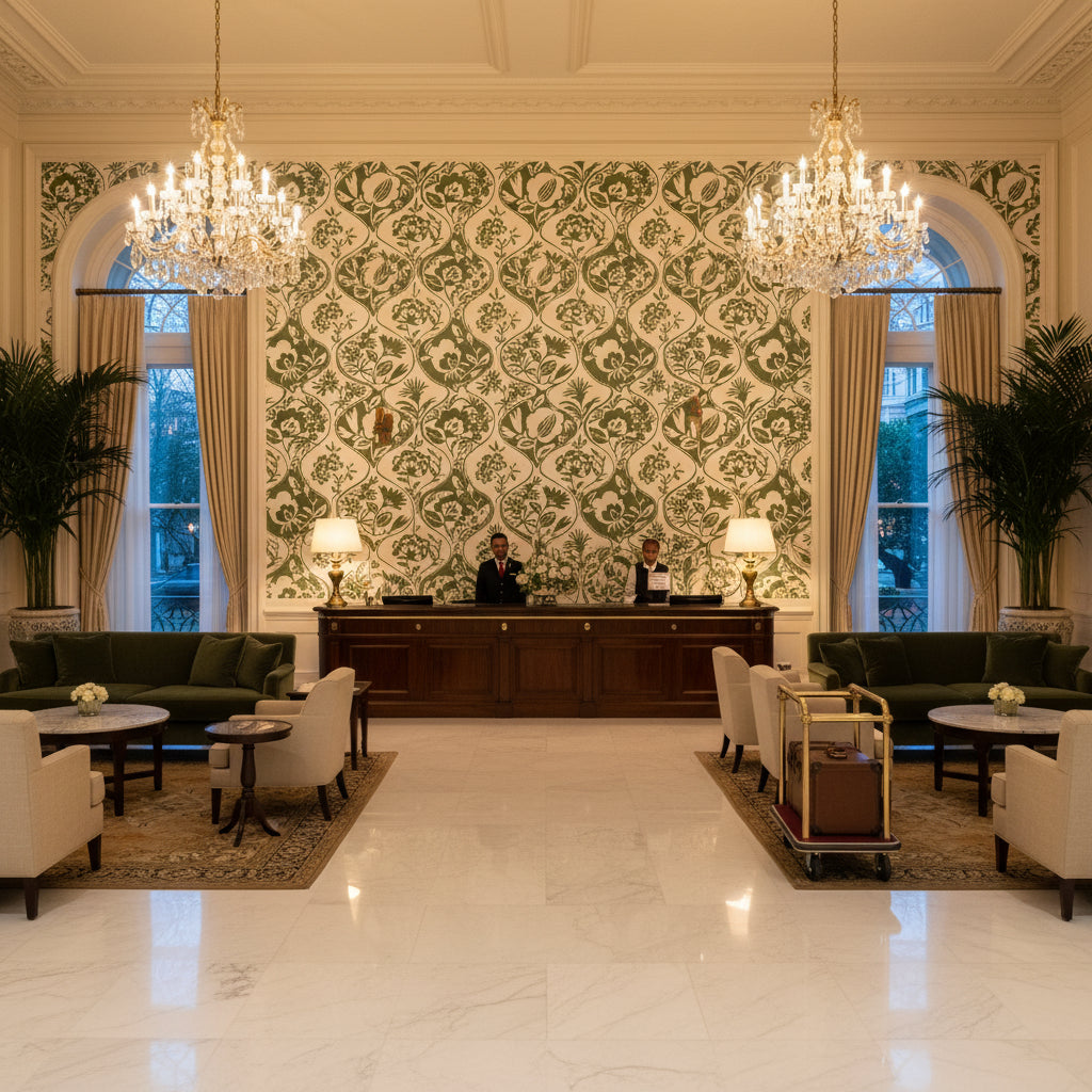 Calathea Print Leaf | Kravet - Hotel Lobby Visualization (AI-generated, may not be to scale. Verify pattern scale with product specifications.)