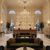 Calathea Print Gold | Kravet - Hotel Lobby Visualization (AI-generated, may not be to scale. Verify pattern scale with product specifications.)