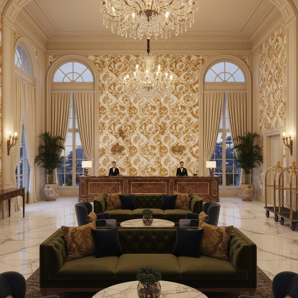 Calathea Print Gold | Kravet - Hotel Lobby Visualization (AI-generated, may not be to scale. Verify pattern scale with product specifications.)