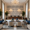 Calathea Print Blue | Kravet - Hotel Lobby Visualization (AI-generated, may not be to scale. Verify pattern scale with product specifications.)
