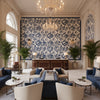 Calathea Print Indigo | Kravet - Hotel Lobby Visualization (AI-generated, may not be to scale. Verify pattern scale with product specifications.)