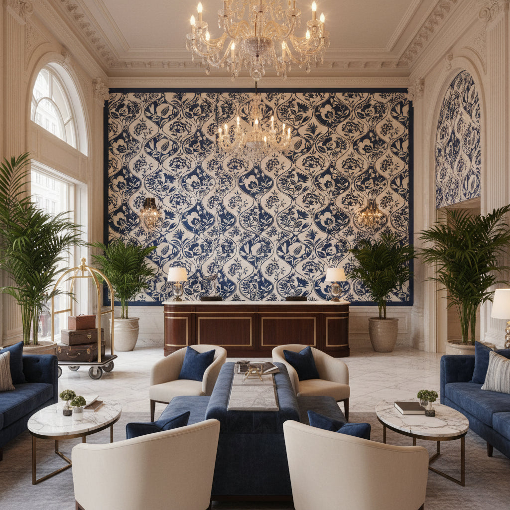 Calathea Print Indigo | Kravet - Hotel Lobby Visualization (AI-generated, may not be to scale. Verify pattern scale with product specifications.)