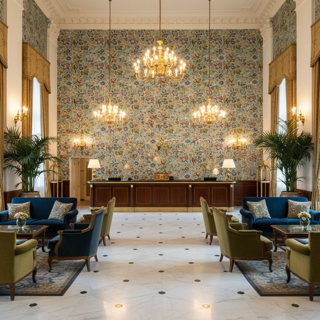 Posy Print Aqua/Ivy | Kravet - Hotel Lobby Visualization (AI-generated, may not be to scale. Verify pattern scale with product specifications.)