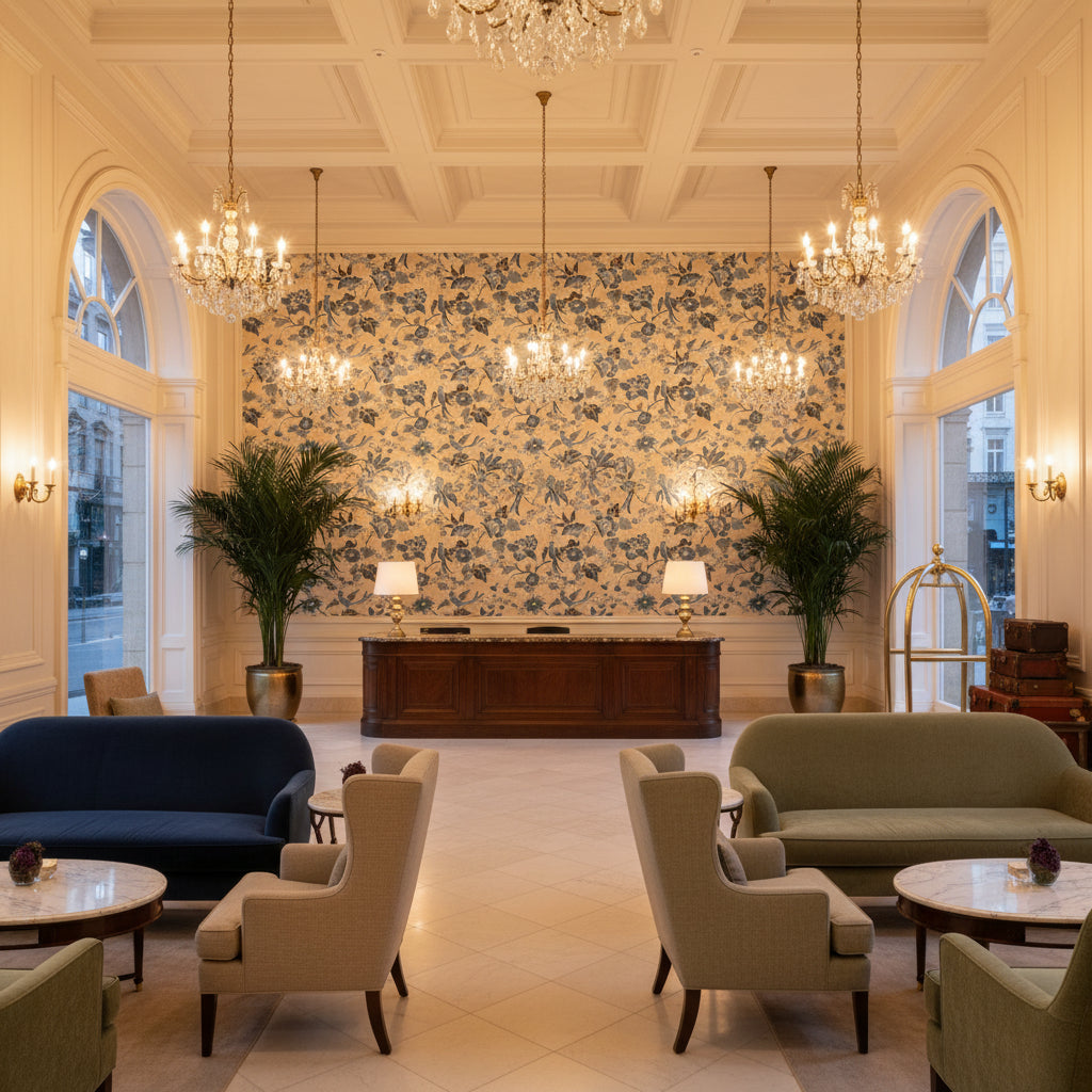 Posy Print Sand/Sky | Kravet - Hotel Lobby Visualization (AI-generated, may not be to scale. Verify pattern scale with product specifications.)