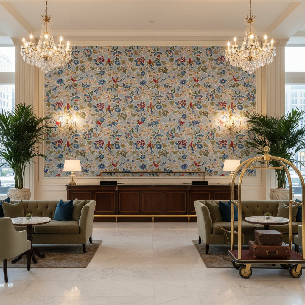 Posy Print Blue/Multi | Kravet - Hotel Lobby Visualization (AI-generated, may not be to scale. Verify pattern scale with product specifications.)
