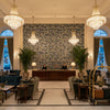 Posy Print Denim/Slate | Kravet - Hotel Lobby Visualization (AI-generated, may not be to scale. Verify pattern scale with product specifications.)