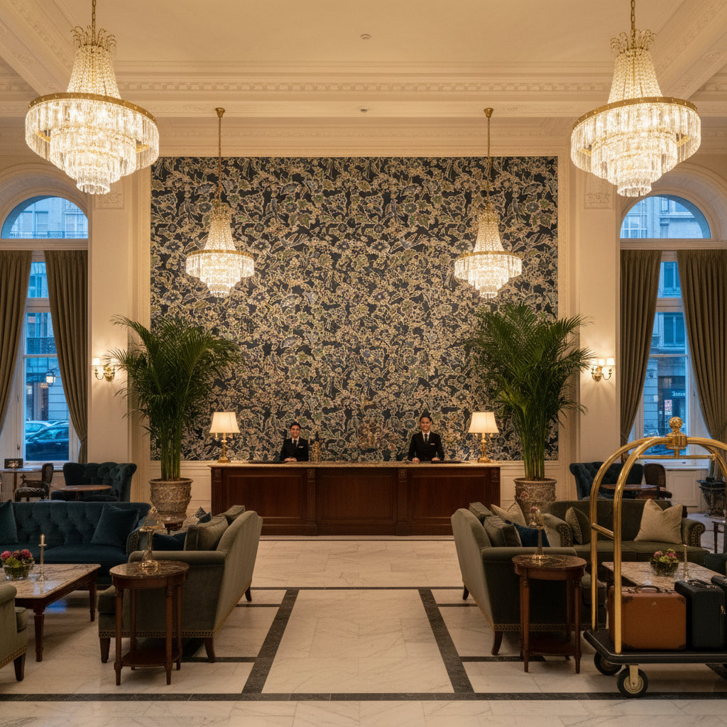 Posy Print Denim/Slate | Kravet - Hotel Lobby Visualization (AI-generated, may not be to scale. Verify pattern scale with product specifications.)