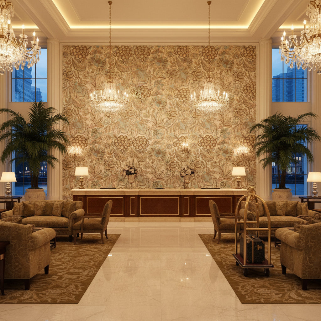 Eden Emb Sage/Stone | Kravet - Hotel Lobby Visualization (AI-generated, may not be to scale. Verify pattern scale with product specifications.)