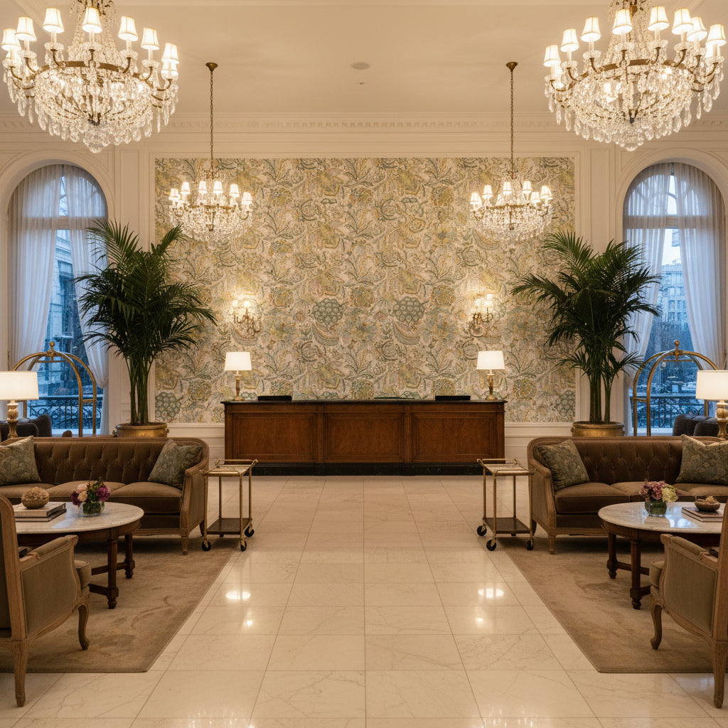 Eden Emb Aqua/Gold | Kravet - Hotel Lobby Visualization (AI-generated, may not be to scale. Verify pattern scale with product specifications.)