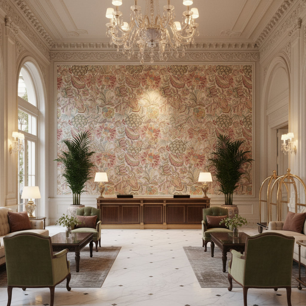 Eden Emb Pink/Multi | Kravet - Hotel Lobby Visualization (AI-generated, may not be to scale. Verify pattern scale with product specifications.)
