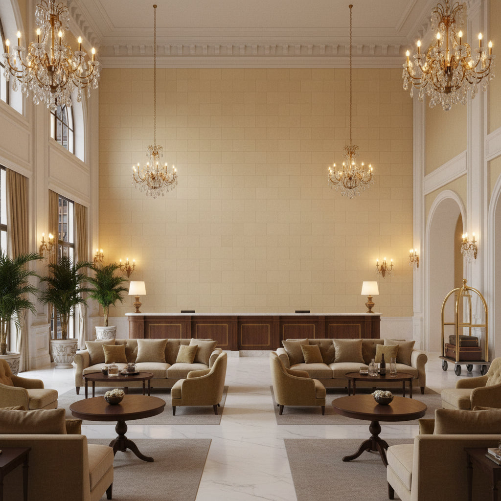 Ultrasuede Green beige | Kravet - Hotel Lobby Visualization (AI-generated, may not be to scale. Verify pattern scale with product specifications.)