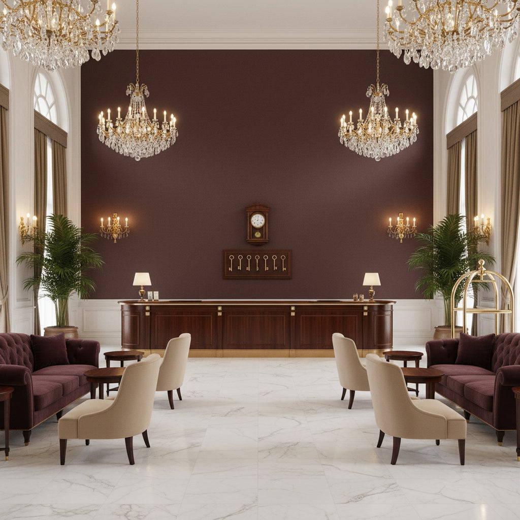 Ultrasuede Green Berry | Kravet - Hotel Lobby Visualization (AI-generated, may not be to scale. Verify pattern scale with product specifications.)