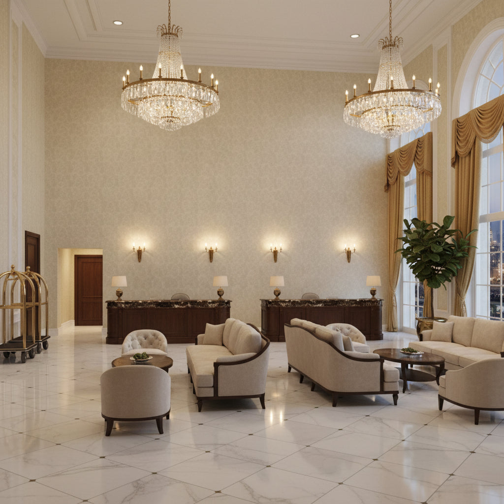Ultrasuede Green Rice | Kravet - Hotel Lobby Visualization (AI-generated, may not be to scale. Verify pattern scale with product specifications.)