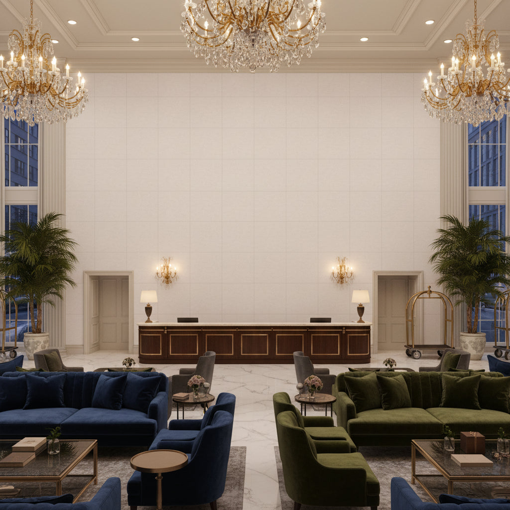Ultrasuede Green light pink | Kravet - Hotel Lobby Visualization (AI-generated, may not be to scale. Verify pattern scale with product specifications.)