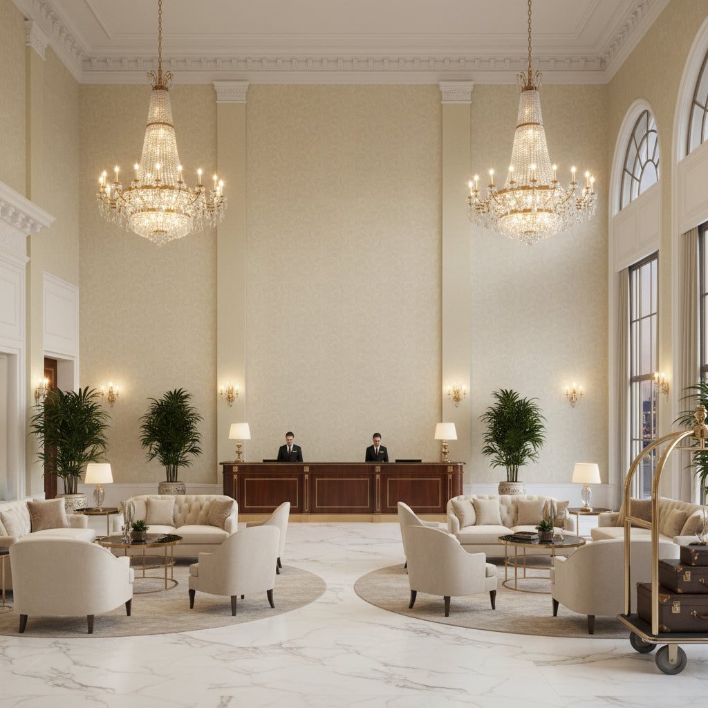 Ultrasuede Green beige | Kravet - Hotel Lobby Visualization (AI-generated, may not be to scale. Verify pattern scale with product specifications.)