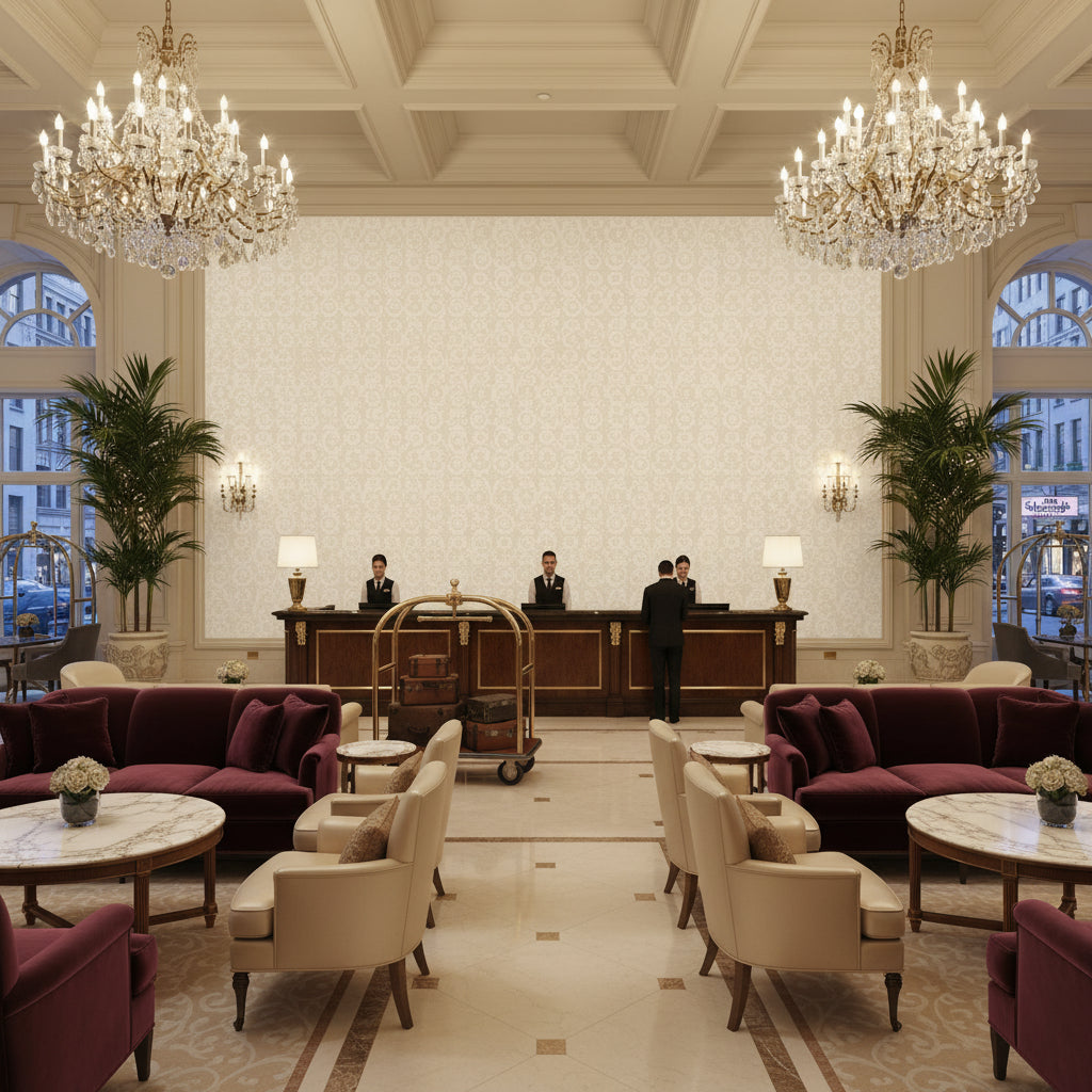Ultrasuede Green ivory | Kravet - Hotel Lobby Visualization (AI-generated, may not be to scale. Verify pattern scale with product specifications.)