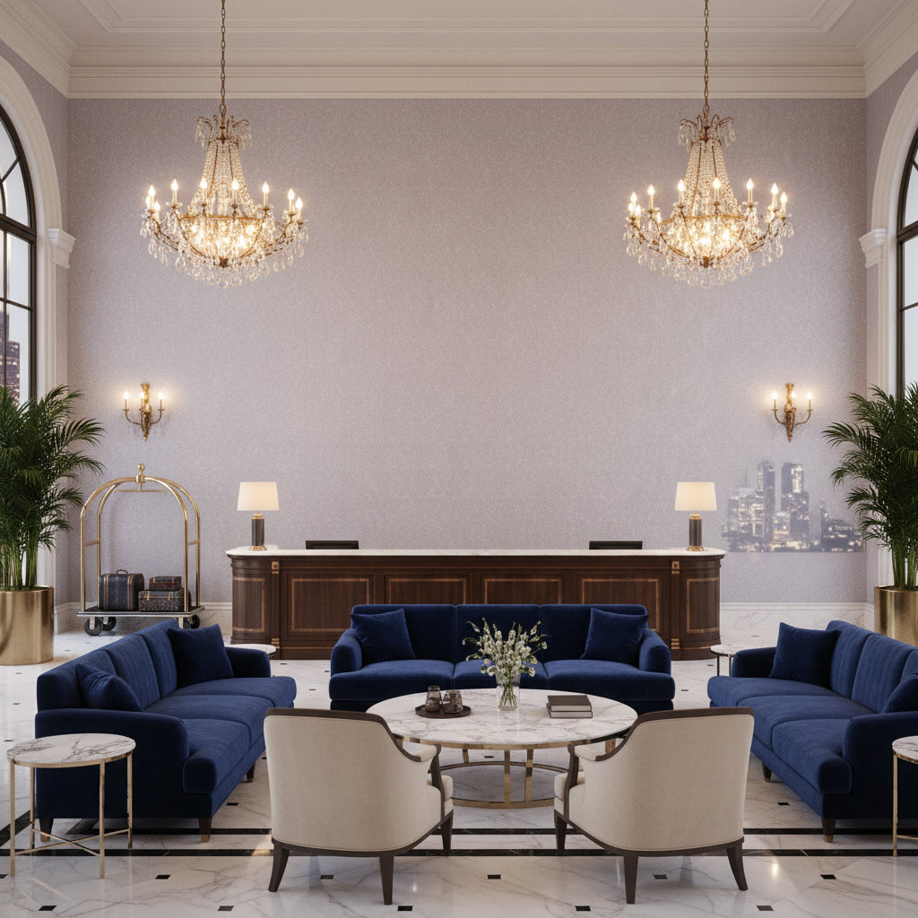 Ultrasuede Green Lilac | Kravet - Hotel Lobby Visualization (AI-generated, may not be to scale. Verify pattern scale with product specifications.)