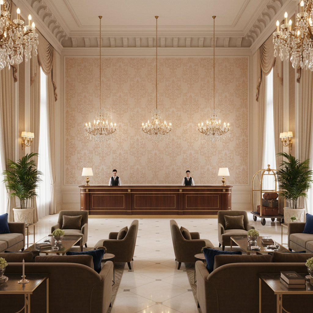 Ultrasuede Green Rose | Kravet - Hotel Lobby Visualization (AI-generated, may not be to scale. Verify pattern scale with product specifications.)