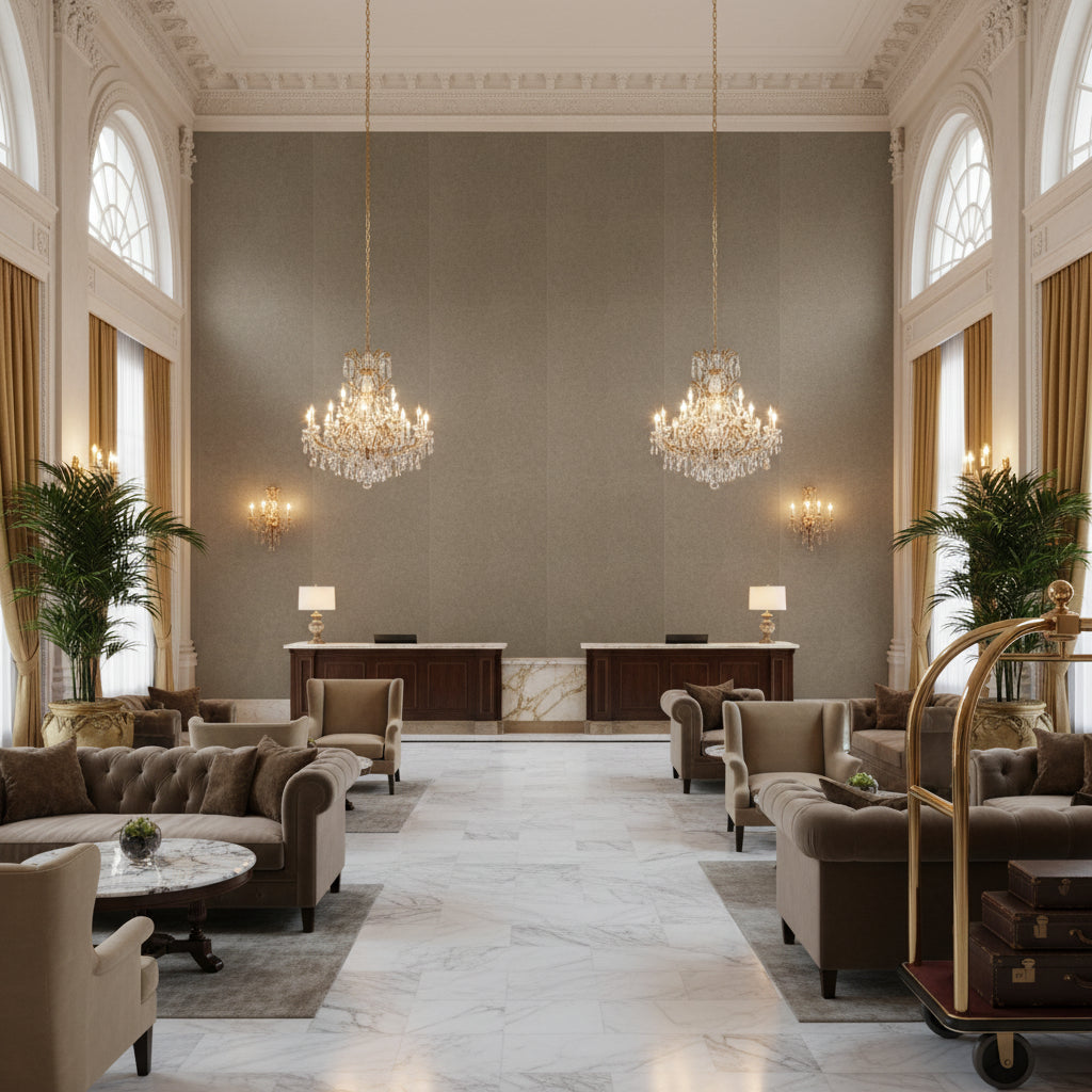 Ultrasuede Green Oatmeal | Kravet - Hotel Lobby Visualization (AI-generated, may not be to scale. Verify pattern scale with product specifications.)