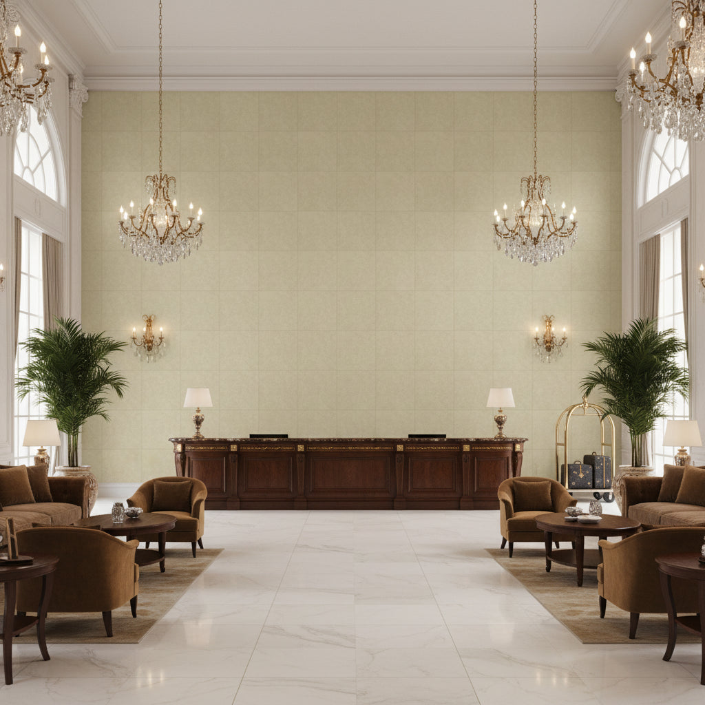 Ultrasuede Green Linen | Kravet - Hotel Lobby Visualization (AI-generated, may not be to scale. Verify pattern scale with product specifications.)