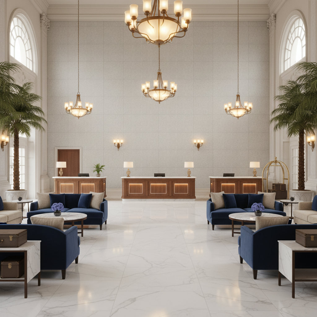 Ultrasuede Green light gray | Kravet - Hotel Lobby Visualization (AI-generated, may not be to scale. Verify pattern scale with product specifications.)