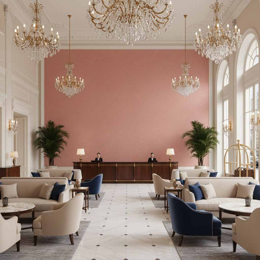 Ultrasuede Green rose | Kravet - Hotel Lobby Visualization (AI-generated, may not be to scale. Verify pattern scale with product specifications.)