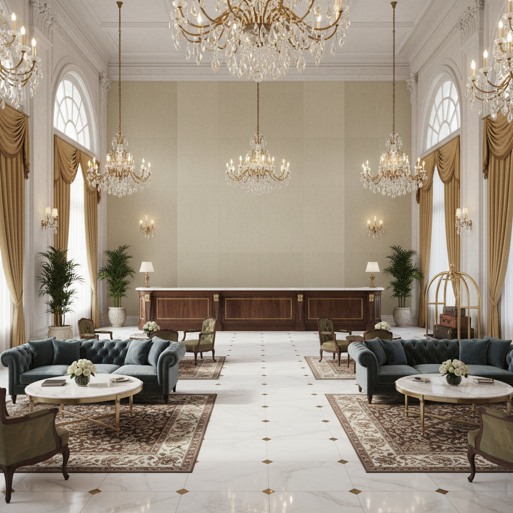 Ultrasuede Green beige | Kravet - Hotel Lobby Visualization (AI-generated, may not be to scale. Verify pattern scale with product specifications.)