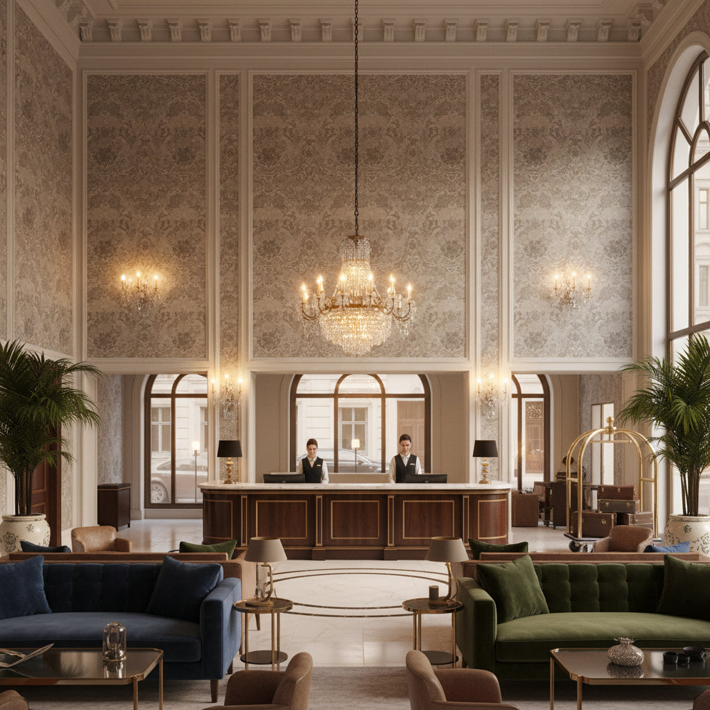 Ultrasuede Green taupe | Kravet - Hotel Lobby Visualization (AI-generated, may not be to scale. Verify pattern scale with product specifications.)
