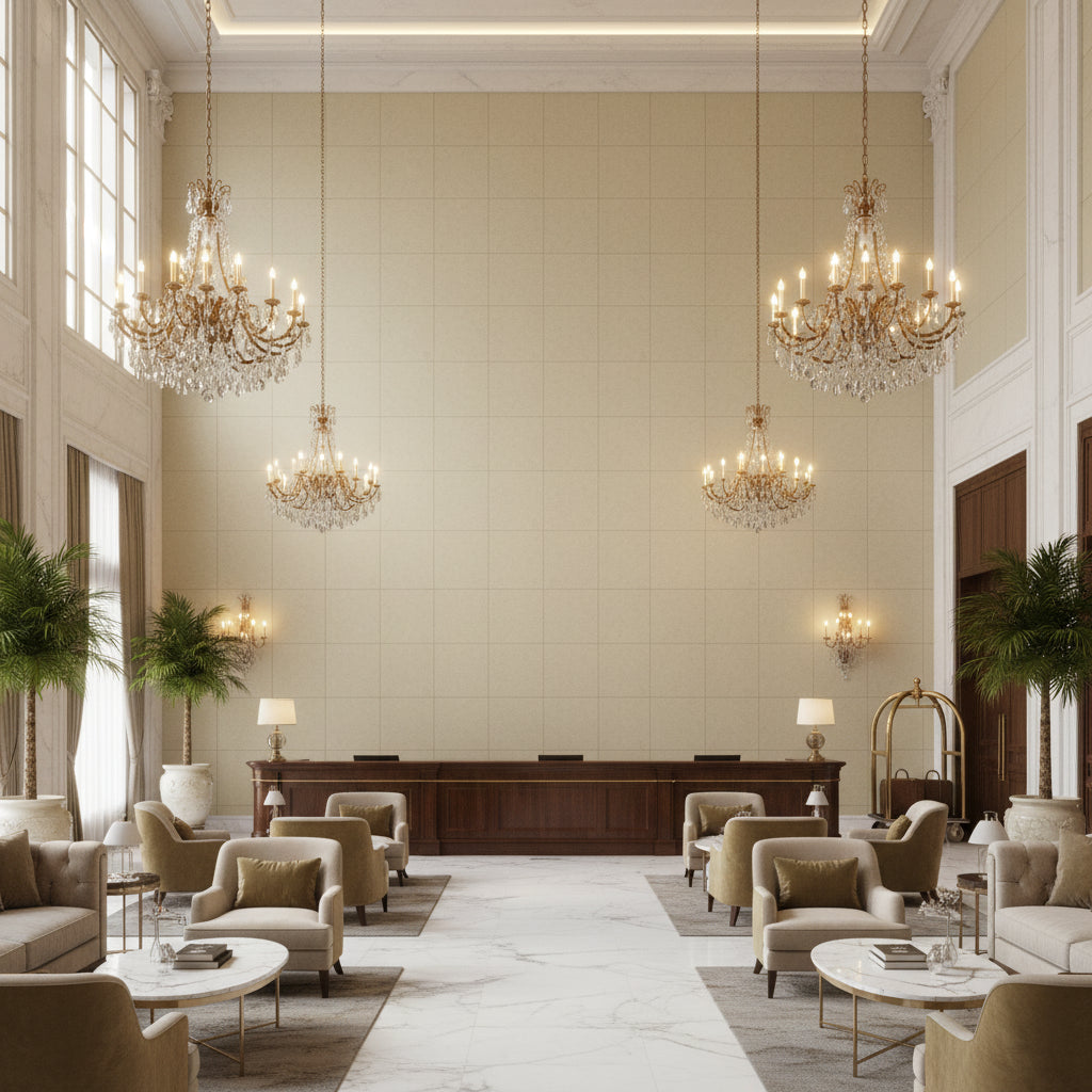 Ultrasuede Green beige | Kravet - Hotel Lobby Visualization (AI-generated, may not be to scale. Verify pattern scale with product specifications.)