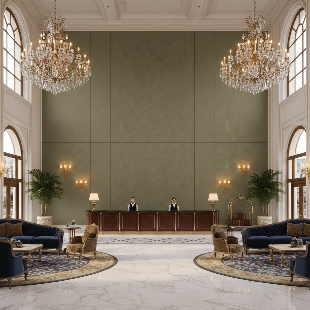 Ultrasuede Green Flannel | Kravet - Hotel Lobby Visualization (AI-generated, may not be to scale. Verify pattern scale with product specifications.)